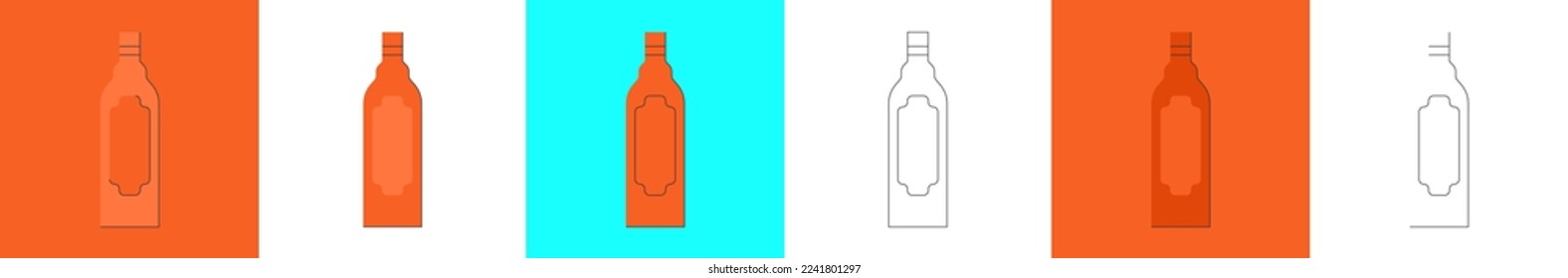 Flasche Brandy, großartiges Design für jeden Zweck. Flacher Stil. Party-Drink-Konzept. Farbsymbol-Flasche. Einfache Bildform mit einer dünnen Schattenlinie. Vier Arten von Objekten auf unterschiedlichen Hintergrund. Vektorgrafik.