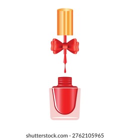 A bottle of bright red nail polish with a red bow and a gold cap