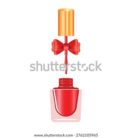 A bottle of bright red nail polish with a red bow and a gold cap