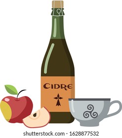 Bottle of  Brittany's cider, bowl  and apples on white background. Triskele and ermine - the symbols of Brittany on label. Vector. 