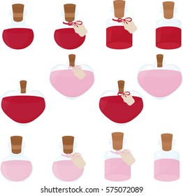 Bottle with bung, pink and red liquid