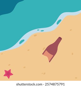 Bottle buried in sand beach flat illustration. cartoon summer illustration calm beach for poster, banner, web