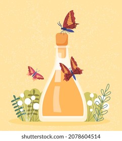 Bottle and butterfly. Adorable characters flocked to glass bottle. Fragrant perfume, attractive scent, perfume advertisement. Nature, greenery, grass, plants. Cartoon flat vector illustration