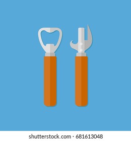 Bottle and can openers isolated on blue background. Flat style icon. Vector illustration.