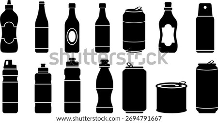 Bottle and can silhouette set featuring various beverage containers, including soda cans, water bottles, and drink packaging. Perfect for packaging design, branding, and food and drink concepts.