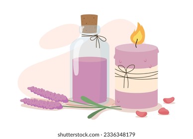 Bottle with candle for SPA concept. Aromatherapy and rest and relax, wellbeing. Body and skin care. Template, layout and mock up. Cartoon flat vector illustration isolated on white background