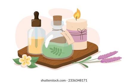 Flasche mit Kerze für SPA-Konzept. Wohlbefinden, Entspannung, Komfort und Gemütlichkeit. Körperpflege und Hautpflege. Aromatherapie und Schönheitsbehandlungen. Cartoon-FlachVektorgrafik einzeln auf weißem Hintergrund