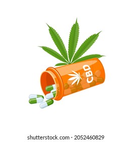 Bottle with cannabidiol capsules, CBD for healthcare. Vector illustration cartoon flat icon isolated on white background.