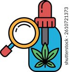 A bottle of cannabis oil is shown with a magnifying glass on top of it. The bottle is blue and the magnifying glass is orange. Concept of curiosity and intrigue about the contents of the bottle