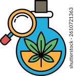 A bottle of cannabis is shown with a magnifying glass on top. The bottle is blue and the magnifying glass is orange. Concept of curiosity and intrigue about the contents of the bottle