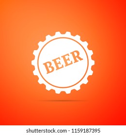 Bottle cap with beer word icon isolated on orange background. Flat design. Vector Illustration