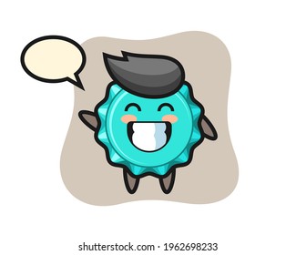 bottle cap cartoon character doing wave hand gesture, cute style design for t shirt, sticker, logo element
