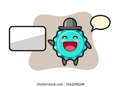 bottle cap cartoon illustration doing a presentation, cute style design for t shirt, sticker, logo element