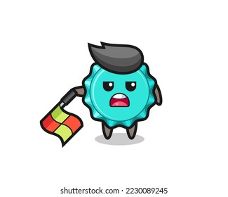bottle cap character as line judge hold the flag down at a 45 degree angle , cute style design for t shirt, sticker, logo element