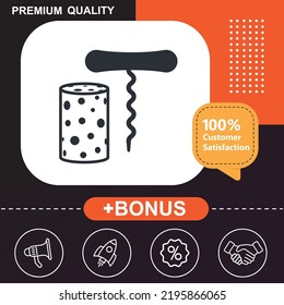 Bottle cap and corkscrew icon. With orange and black background