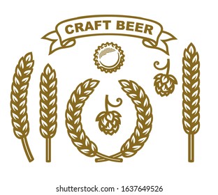 Bottle cap, hop cone, ears of wheat, wreath made of barley ears, ribbon banner with text Craft Beer. Set of design elements for beer prodaction, brewery, pub or bar decoration. Vector illustration.