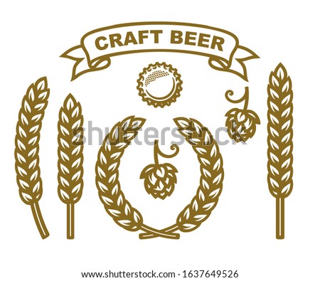 Bottle cap, hop cone, ears of wheat, wreath made of barley ears, ribbon banner with text Craft Beer. Set of design elements for beer prodaction, brewery, pub or bar decoration. Vector illustration.