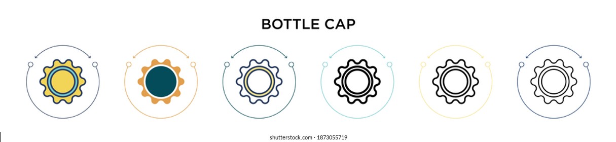 Bottle cap icon in filled, thin line, outline and stroke style. Vector illustration of two colored and black bottle cap vector icons designs can be used for mobile, ui, web