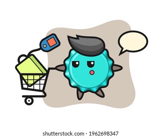 bottle cap illustration cartoon with a shopping cart, cute style design for t shirt, sticker, logo element