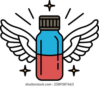 A bottle with a cap and a label with a winged design