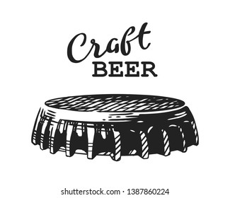 Bottle cap with lettering isolated on white background, hand-drawing. Vector vintage engraved illustration.