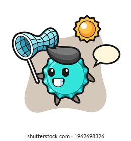 bottle cap mascot illustration is catching butterfly, cute style design for t shirt, sticker, logo element