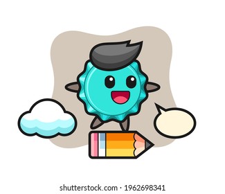 bottle cap mascot illustration riding on a giant pencil, cute style design for t shirt, sticker, logo element