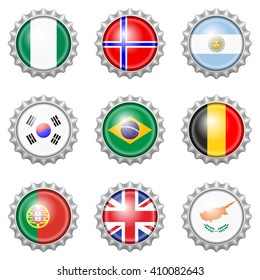 Bottle cap national flags on white background.