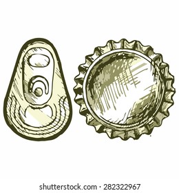 Bottle cap. Shades of green and yellow. Doodle style