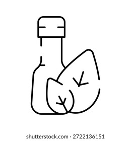 Bottle with a cap and two fresh green leaves illustrating natural, organic, and eco friendly herbal products, representing wellness and healthy lifestyle choices