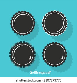 Bottle cap vector icons set. Illustration isolated for graphic and web design. Top, side and bottom view of the bottle cap. Vector set of beer or soda cap icons isolated on blue background.