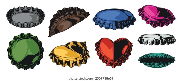 Bottle caps colorful set elements with bent lids from open carbonated drinks with different flavors vector illustration