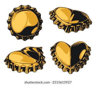 Bottle caps colorful set stickers with golden-colored metal lids for closing containers with alcoholic drinks vector illustration