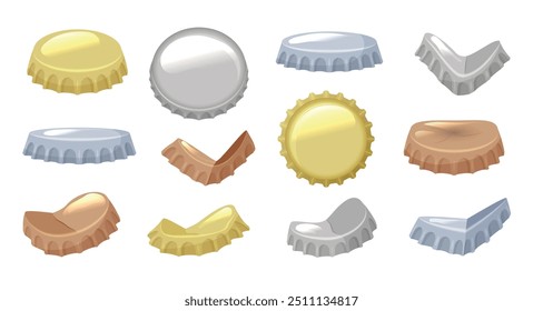Bottle caps. Different views of damaged metal round caps from drinks recent vector illustrations set isolated on white