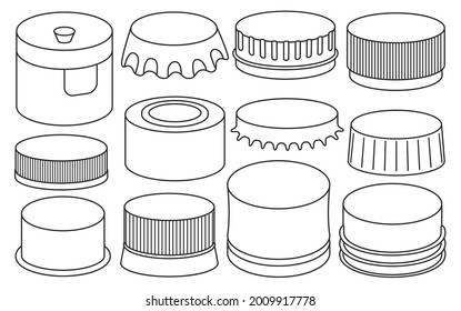 Bottle caps isolated outline set icon. outline set icon lid of cover . Vector illustration bottle caps on white background. svg
