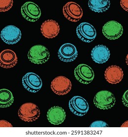 Bottle caps juice or beer bottle tops icon with black background vector seamless pattern.