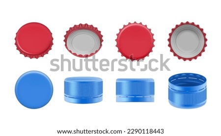 Bottle caps. metallic and plastic caps for alcoholic and water bottles. Vector realistic templates Foto stock © 