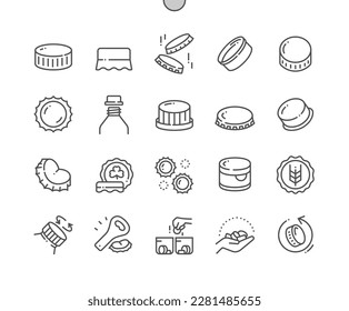 Bottle caps. Reuse plastic caps. Different types of cap. Pixel Perfect Vector Thin Line Icons. Simple Minimal Pictogram