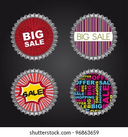 bottle caps with sale text over black background. vector