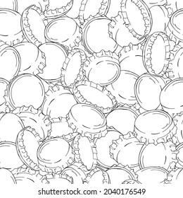 A lot of Bottle caps. Seamless pattern for coloring book. Set of Bottle metal caps, hand-drawn decorative elements in the vector. Doodles. Black and white.