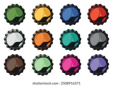 Bottle caps definir elementos coloridos com tampas para joio de vidro para bebidas carbonatadas publicidade design vetor ilustração