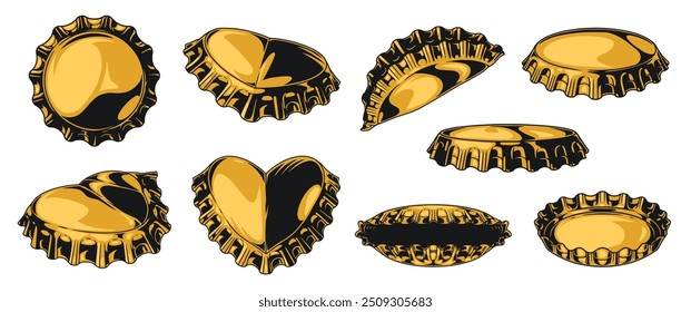 Bottle caps set emblems colorful with aluminum golden lids to prevent accidental spills of drink vector illustration