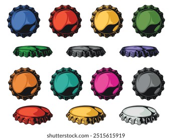 Bottle caps set emblems colorful with rainbow lids for prominent advertising of new lemonade brand vector illustration