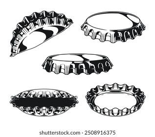 Bottle caps set logotypes monochrome with lids for alcoholic drink in glass container produced at factory vector illustration
