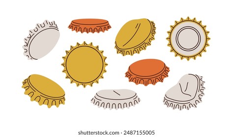 Bottle caps set. Metal beer lids, corks and soda drink plugs in different positions, views, angles. Round crowned bottlecaps, covers, taps. Flat vector illustrations isolated on white background