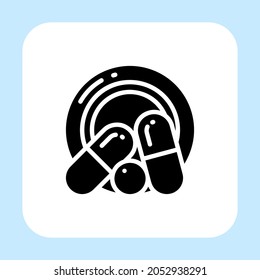 Vector de ícono de frasco y cápsula con estilo glifo aislado en fondo blanco. Icono de símbolo de símbolo de drogas de ilustración vectorial para la industria médica, apotheceraria, web, aplicaciones