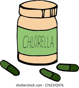 bottle and capsules of chlorella hand drawn in doodle style. single element for design. super food, algae, pharmacy, medicine