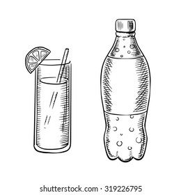 Bottle Of Carbonated Soda With Bubbles And Cocktail Glass With Drinking Straw And Lemon Slice, Sketch