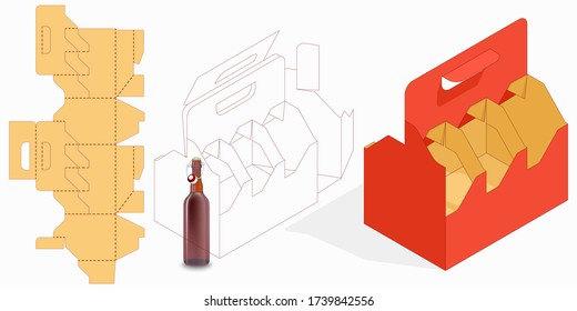 Bottle Carrier Box Die Cut Template, die-stamping layout pattern, folding, ready handle Carry package that offers both protection and convenience. Transportable Compartmentalized Container Blueprint