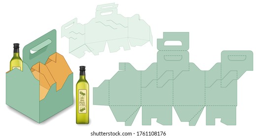 Bottle Carrier Box Die Cut Template, die-stamping layout pattern, folding, ready handle Carry package that offers both protection and convenience. Transportable Compartmentalized Container Blueprint